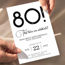 Invitación Guardar fecha única minimalista para 80 cumpleaños