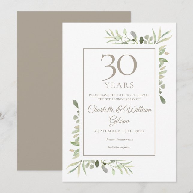 Invitación Guardar la fecha 30º Aniversario de Boda Verdor (Anverso / Reverso)