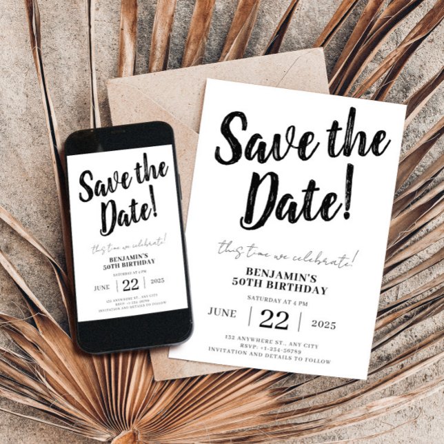 Invitación Guardar la fecha 50 cumpleaños (Save The Date Birthday 50th,Modern Invitation,Unique Minimalist Editable Bday,Black and White Invite)
