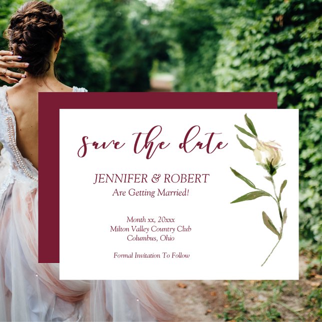 Invitación Guardar la fecha acuarela de frambuesa de rosas bl (Save The Date Watercolor White Rose Cranberry Invitation)