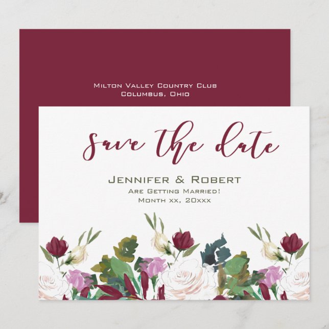 Invitación Guardar la fecha acuarela de frambuesa de rosas bl (Anverso / Reverso)