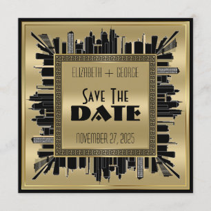 Invitación Guardar la fecha Art Deco Gatsby Glamour Oro Negro