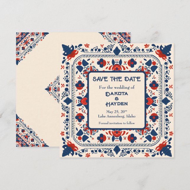 Invitación Guardar la fecha, arte folclórico floral, rojo bla (Anverso / Reverso)