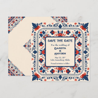 Invitación Guardar la fecha, arte popular floral, rojo blanco