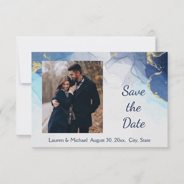 Invitación Guardar la Fecha Azul Dorado Acuarela Boda  (Anverso)