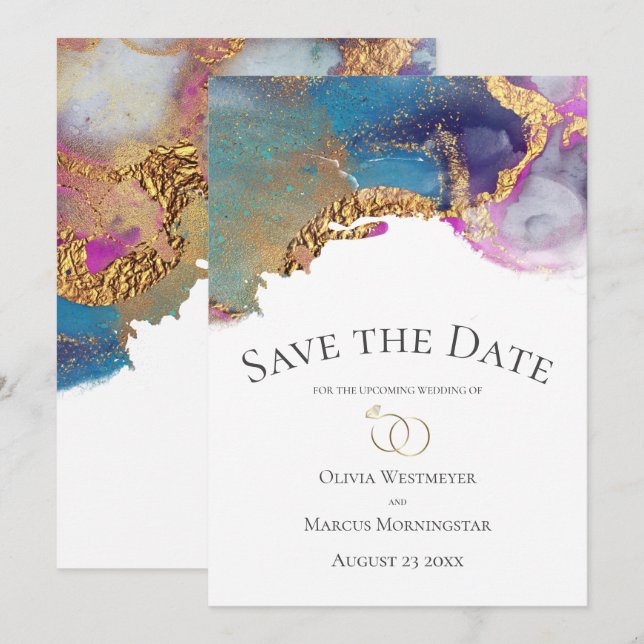 Invitación Guardar la fecha azul magenta morada tinta de oro (Anverso / Reverso)