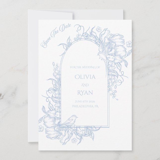 Invitación Guardar la Fecha Azul y Blanco (Anverso)