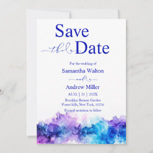 Invitación Guardar la fecha azul y púrpura