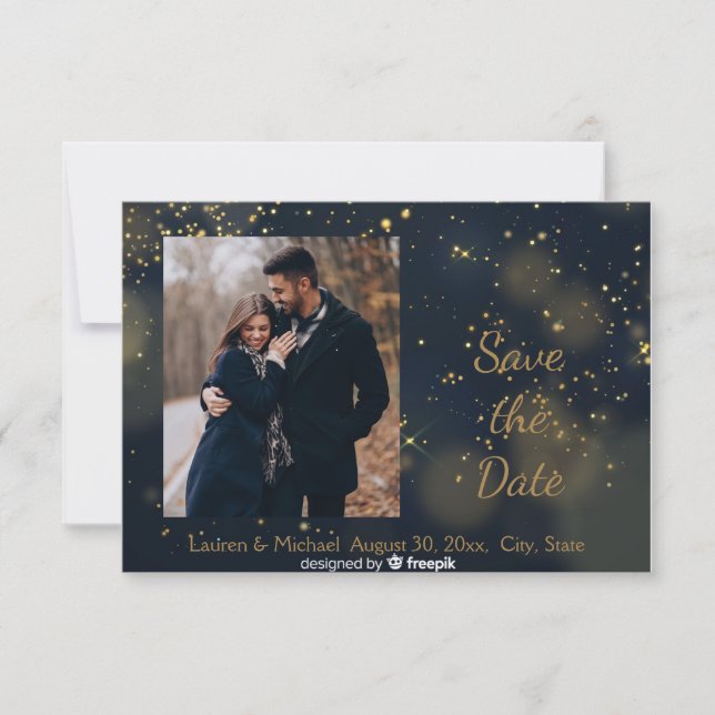 Invitación Guardar la fecha Boda de la noche de oro azul Star (Anverso)