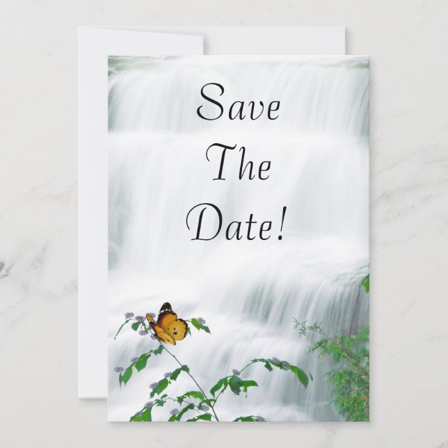 Invitación Guardar la fecha Boda de mariposa y cascada (Anverso)