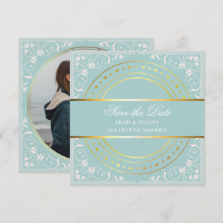Invitación Guardar la fecha, boda de verde pastel y dorado