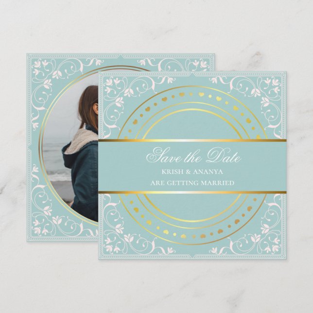Invitación Guardar la fecha, boda de verde pastel y dorado (Anverso / Reverso)