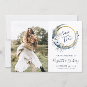 Invitación Guardar la fecha Boho Azul Floral Luna Marco Foto