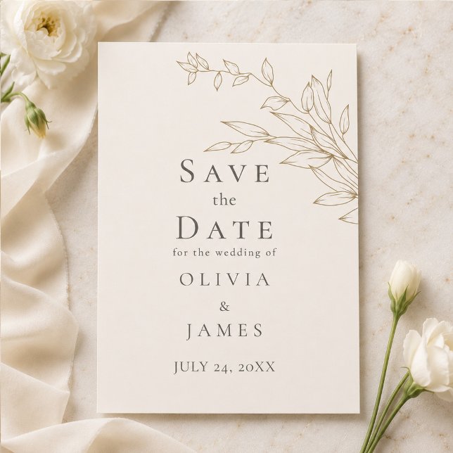 Invitación Guardar la fecha botánico en marfil y oro antiguo (Ivory & Antique Gold Botanical Save the Date Invitation on an elegant table with flowers)