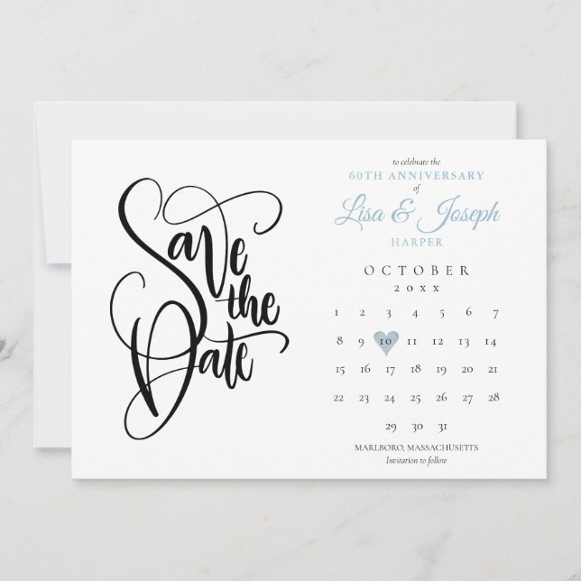 Invitación Guardar la fecha Calendario 60 Aniversario Corazón (Anverso)