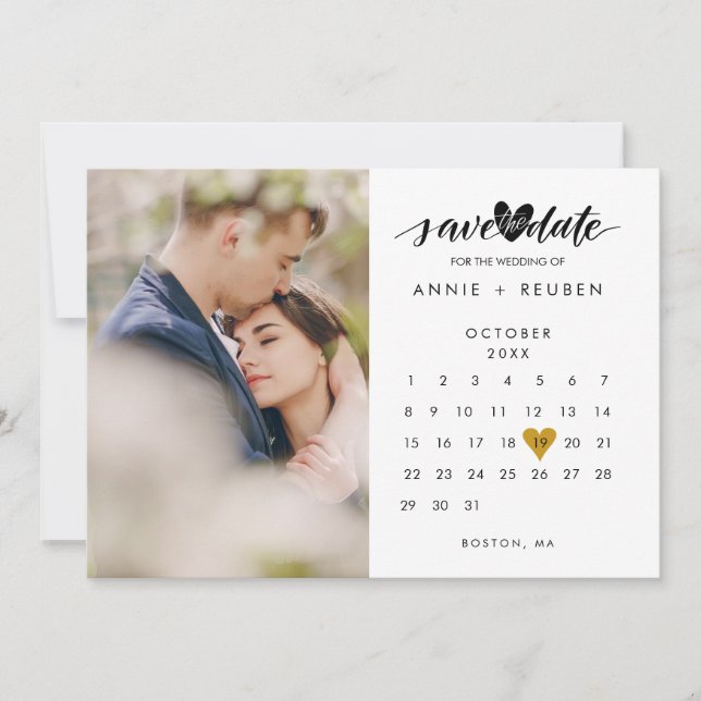 Invitación Guardar la fecha calendario Foto Boda Gold Heart (Anverso)