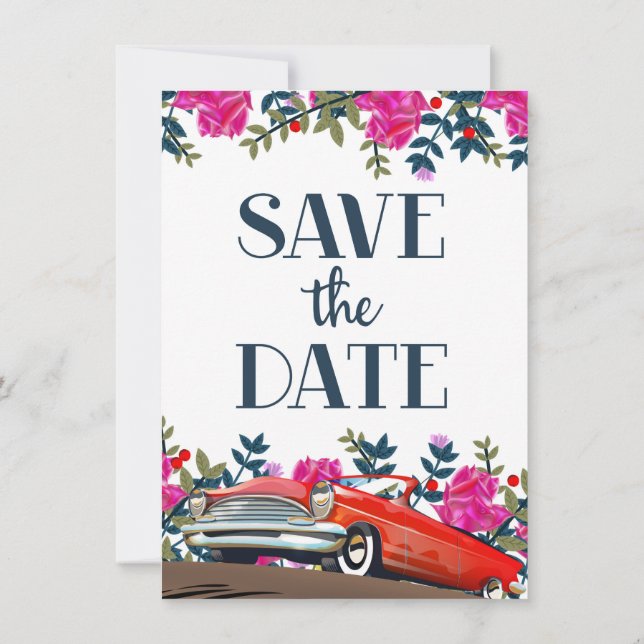 Invitación Guardar la fecha Coche Rojo Vintage (Reverso)