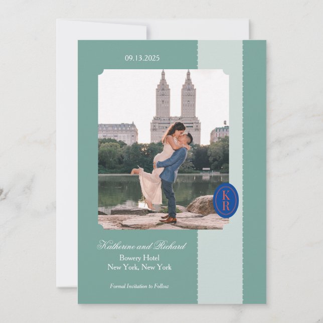 Invitación Guardar la fecha con borde escalonado turquesa (Reverso)