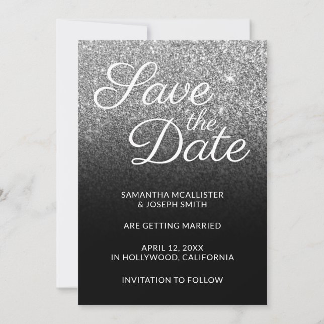 Invitación Guardar la fecha con brillo Ombre negro y plateado (Anverso)