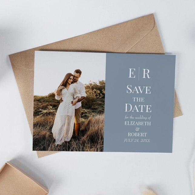 Invitación Guardar la fecha con foto personalizada Monograma  (Dusty Blue Monogram Custom Photo Save the Date Invitation on a white table with neutral decoration)