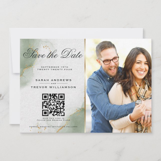 Invitación Guardar la fecha con foto y código QR de Sage Sile (Anverso)