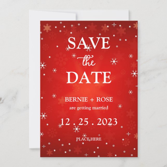 INVITACIÓN GUARDAR LA FECHA COPOS DE NIEVE DE BODAS ROJOS (Anverso)