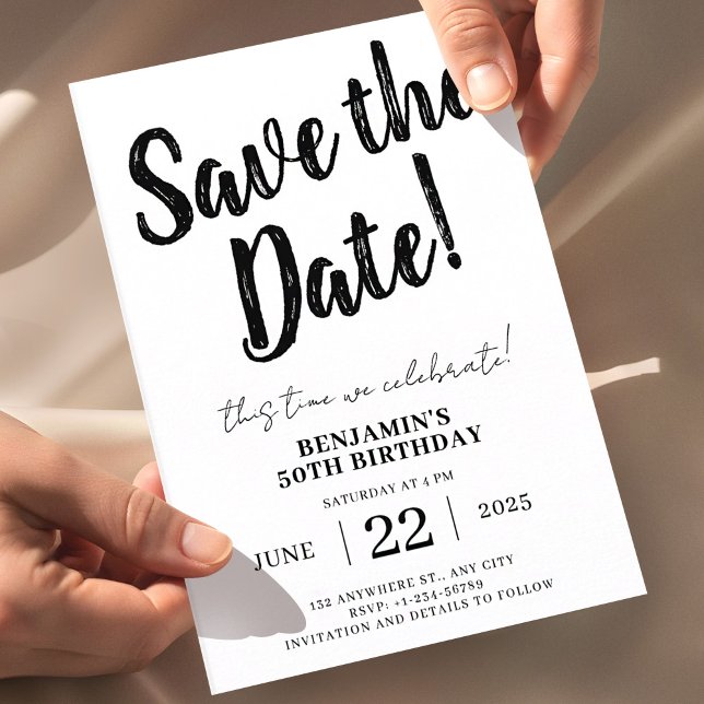 Invitación Guardar la fecha cumpleaños 50  (50th Birthday Save the Date, Minimal Black and White Invitation, Modern Birthday Invite, Editable Bi)