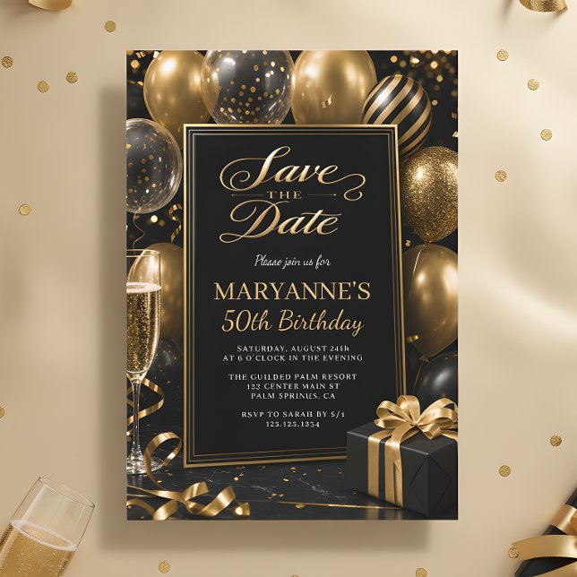 Invitación Guardar la fecha Cumpleaños 50 Black Gold (Subido por el creador)