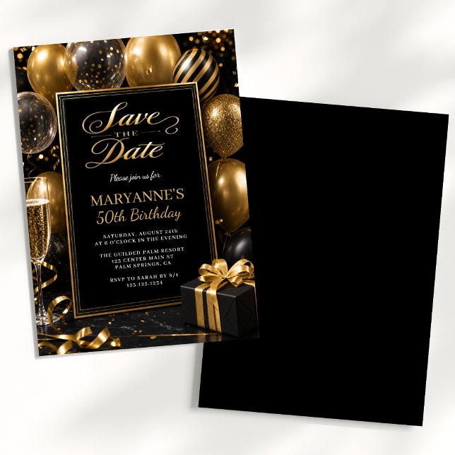 Invitación Guardar la fecha Cumpleaños 50 Black Gold (Subido por el creador)