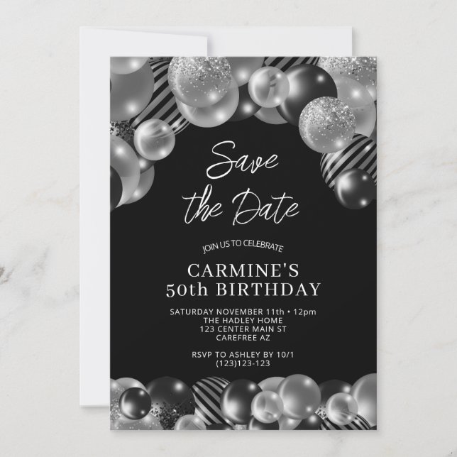 Invitación Guardar la fecha Cumpleaños 50 negro plateado (Anverso)