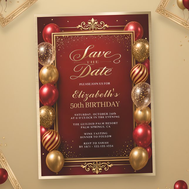Invitación Guardar la Fecha Cumpleaños 50 Rojo Oro (Subido por el creador)