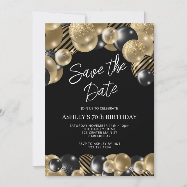 Invitación Guardar la fecha cumpleaños 70 Black Gold (Anverso)