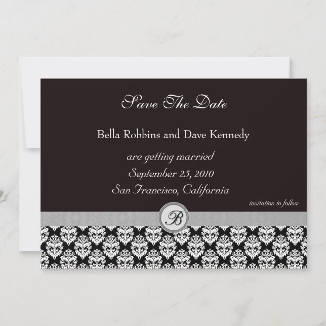 Invitación Guardar la fecha -Damask BlackElegance (Anverso)