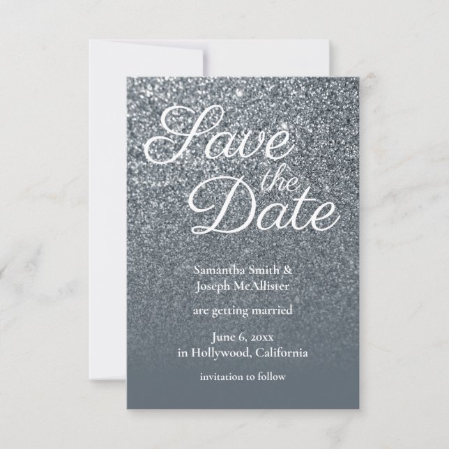 Invitación Guardar la fecha de boda con brillo gris ombre (Anverso)