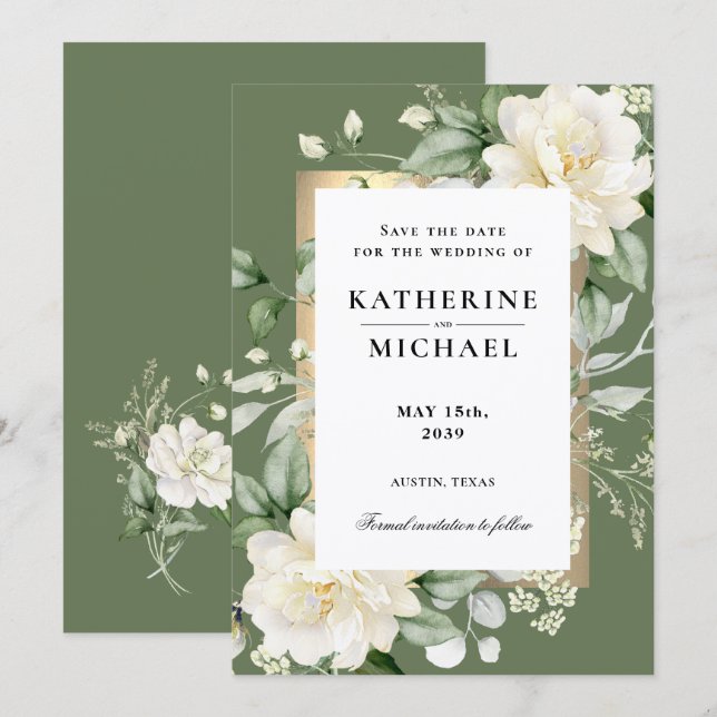 Invitación Guardar la fecha de boda con eucalipto verde salvi (Anverso / Reverso)
