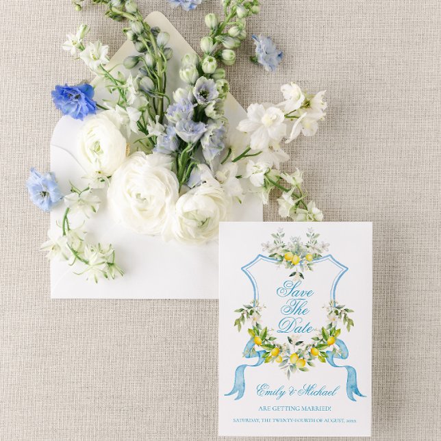 Invitación Guardar la fecha de boda con foto/cresta mediterrá (Subido por el creador)