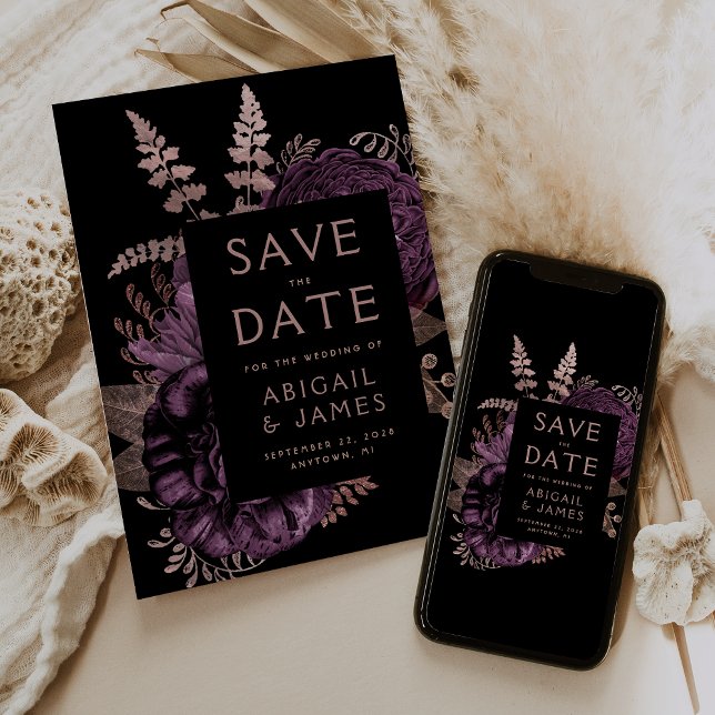 Invitación Guardar la fecha de boda con rosa dorada y flores  (Subido por el creador)