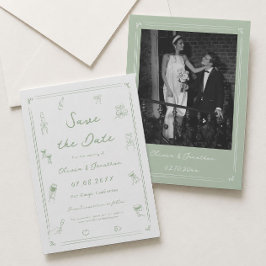 Invitación Guardar la fecha de boda dibujada a mano en blanco