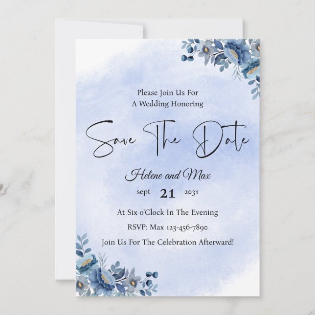 Invitación Guardar la fecha de boda floral azul rústico (Anverso)