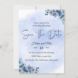 Invitación Guardar la fecha de boda floral azul rústico