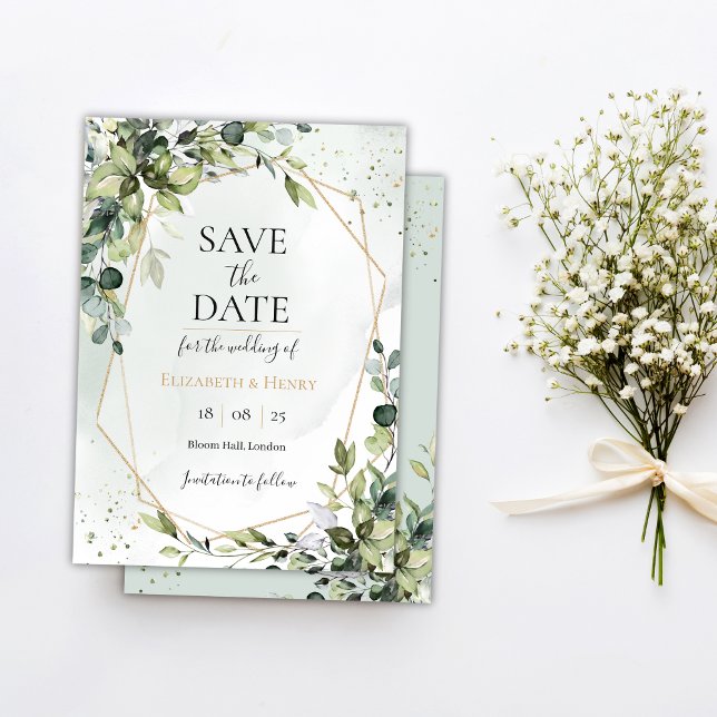 Invitación Guardar la fecha de boda geométrica de eucalipto y (Subido por el creador)
