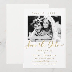 Invitación Guardar la fecha de boda moderna en foto blanca y 