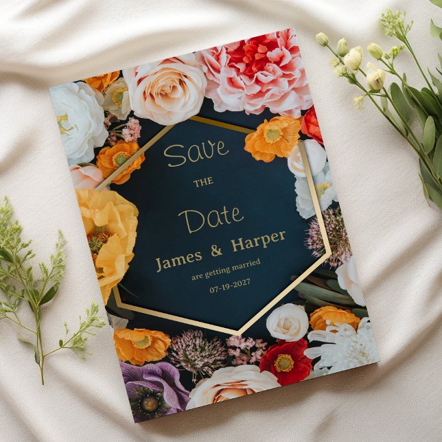 Invitación Guardar la fecha de flores amarillas rosadas y azu (Yellow pink navy blue gold floral Save the Date )