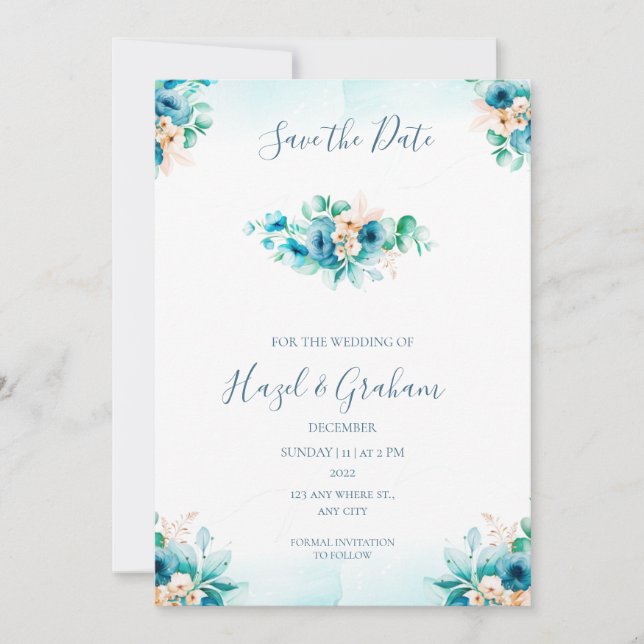 Invitación Guardar la fecha de la boda azul verde (Anverso)