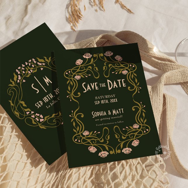 Invitación Guardar la fecha de la boda de arte nuevo verde (art nouveau wedding, green save the date, art nouveau invitation, vintage wedding invite, elegant sa)