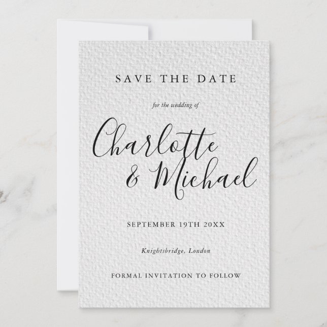 Invitación Guardar la fecha de la boda de firma en blanco y n (Anverso)