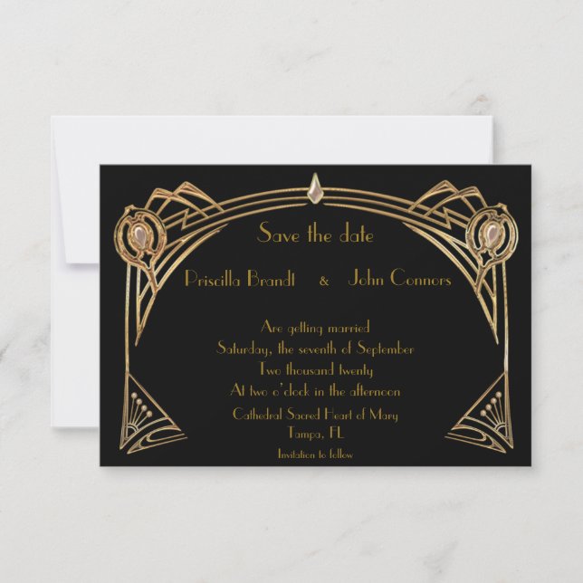 Invitación Guardar la fecha de la boda, Gatsby, negro y dorad (Anverso)