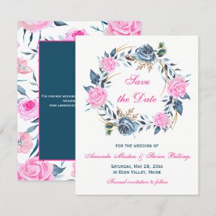 Invitación Guardar la fecha de la boda - Rosas rosadas y azul