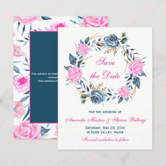 Invitación Guardar la fecha de la boda - Rosas rosadas y azul