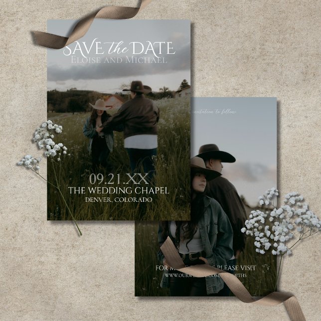 Invitación Guardar la fecha de la foto vertical moderna a dos (Modern Vertical Double-sided Photo Save The Date Invitation)